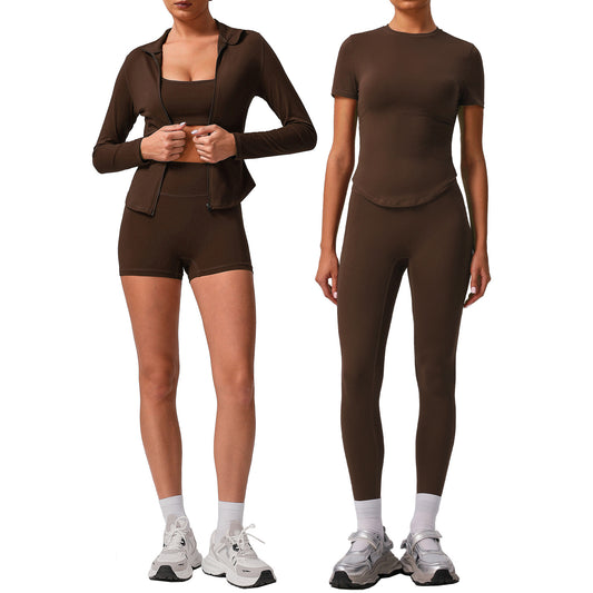 Solid color tight yoga suit quick drying fitness suit outdoor body shaping running suit women's fitness suit ﻿